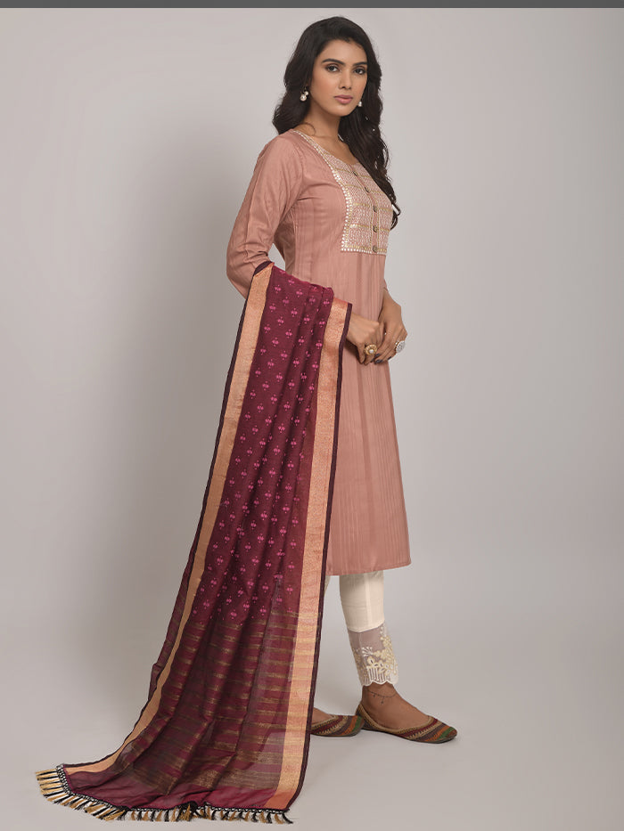 Peach Sequence Embroidered Kurta With Lycra Pant And Jacquard Dupata