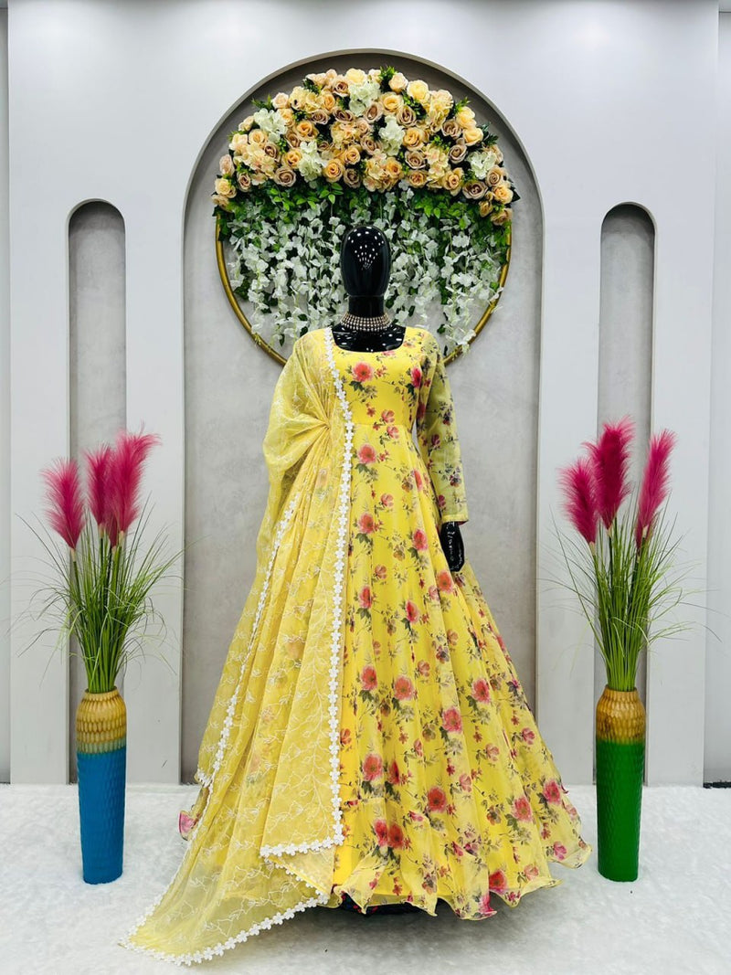 Yellow Designer  Silk Organza With Digital Print Work Women Gown