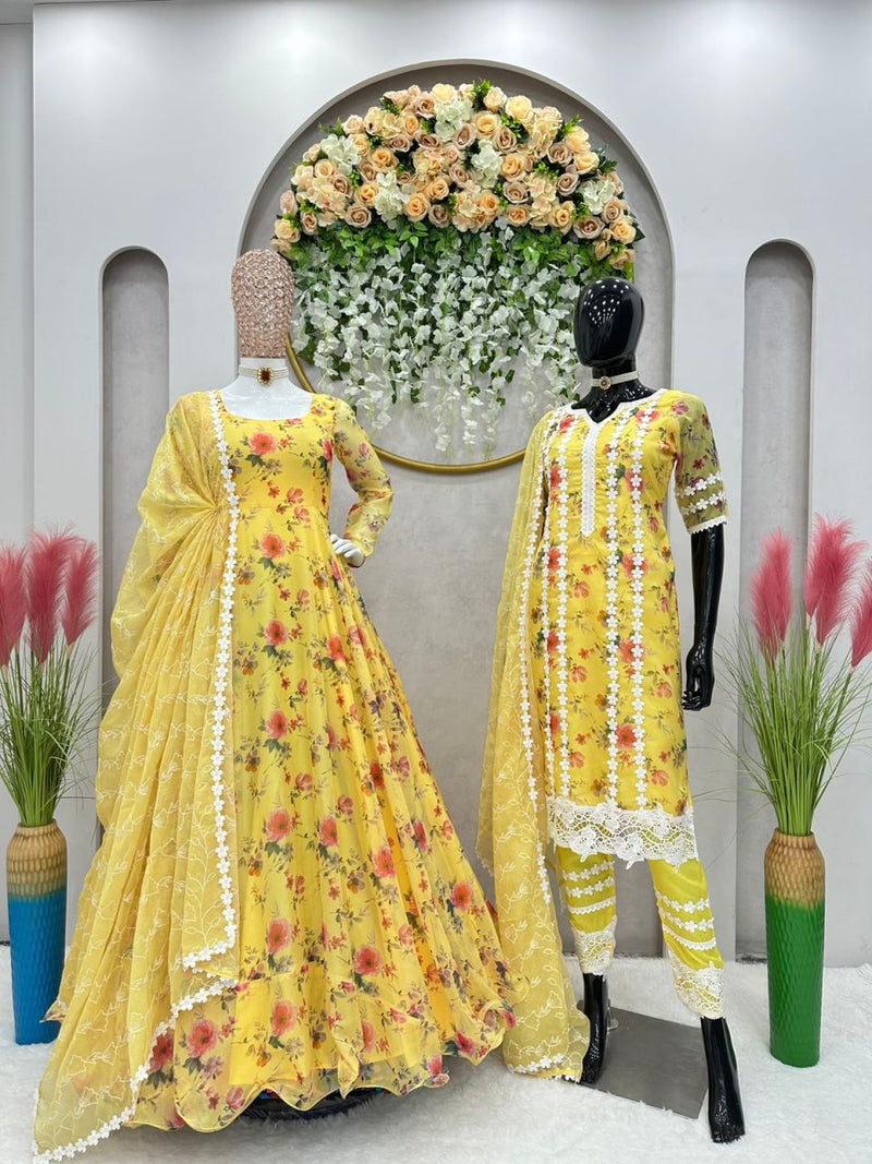 Yellow Designer  Silk Organza With Digital Print Work Women Gown