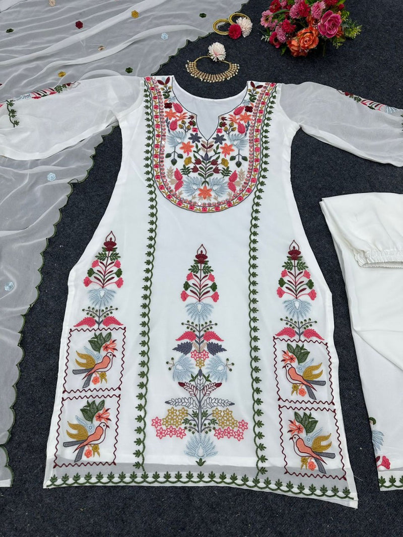White Designer Faux Georgette Embroidery Work Dress For Women's