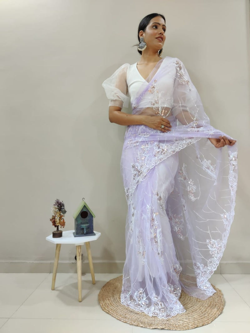 mint organza silk & embroidery work saree for women