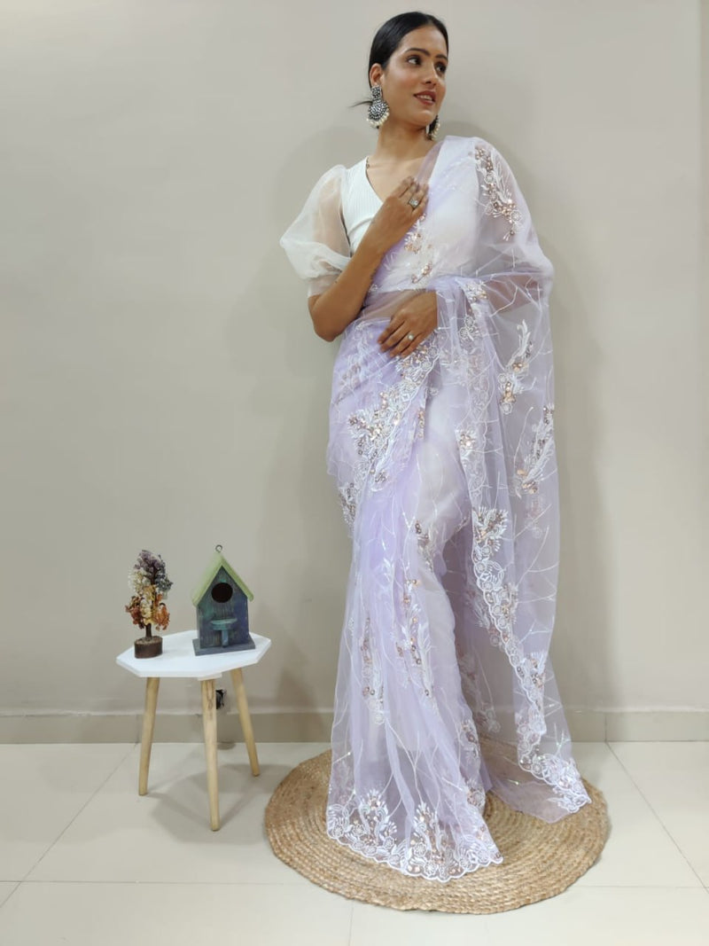 mint organza silk & embroidery work saree for women
