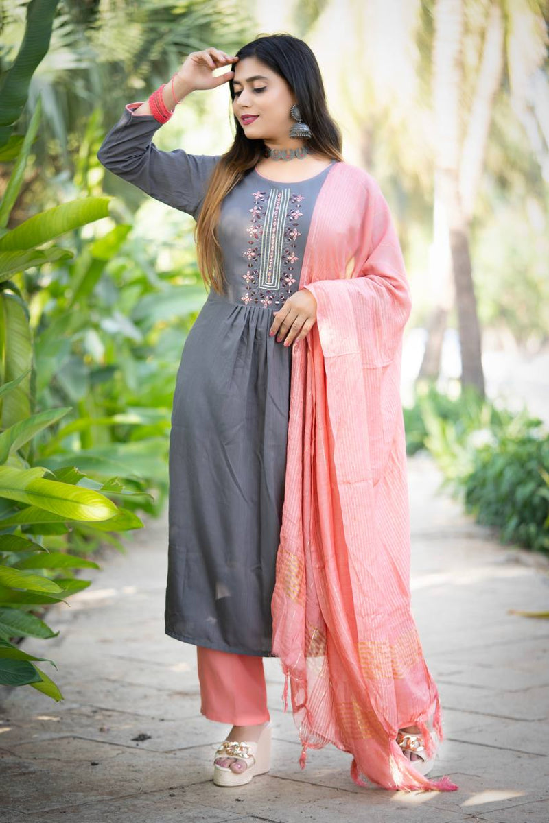 Grey Rayon Embroidery Work Kurta Set With Dupatta