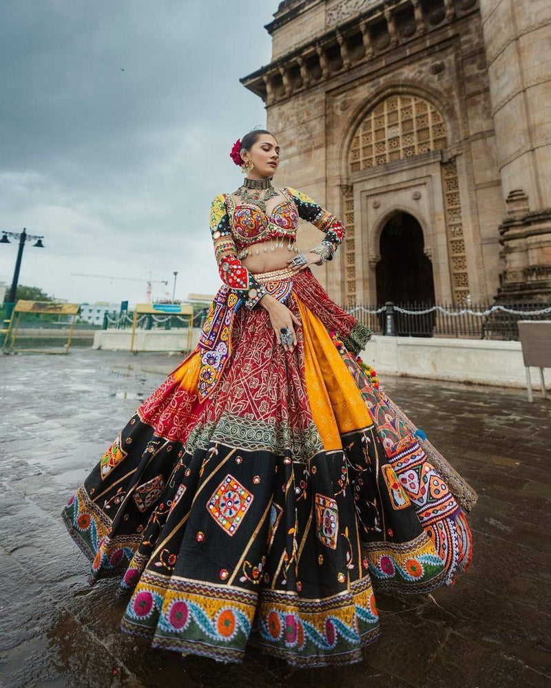 Black Color Silk Lehenga Choli With Mirror And Digital Print Work