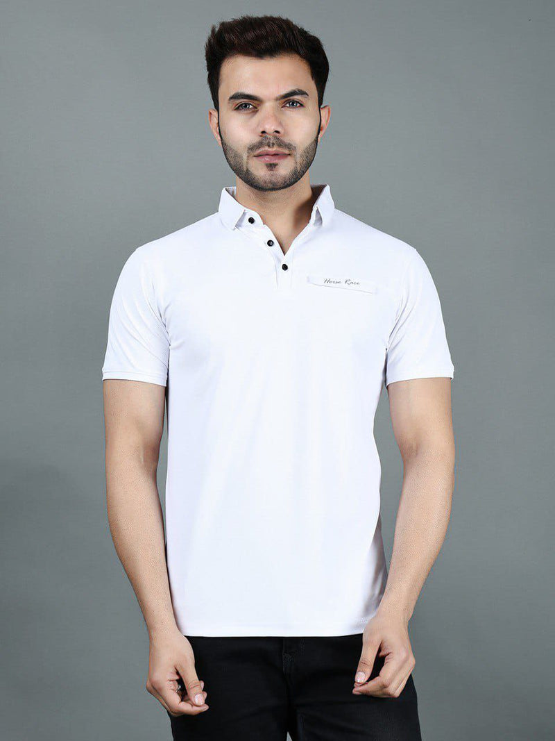 White Cotton Lycra Regular Fit Half Sleeves T-Shirt For Men's