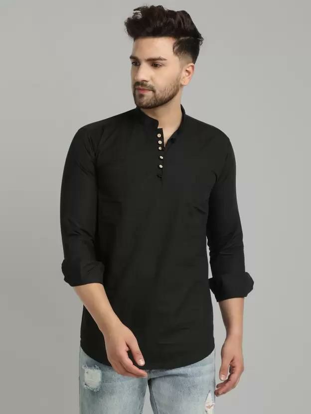 Black Lycra Regular Fit Full Sleeves Kurta For Men's