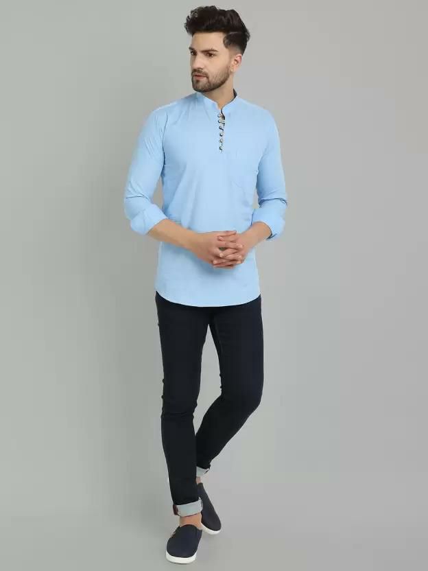 Blue Lycra Regular Fit Full Sleeves Kurta For Men's