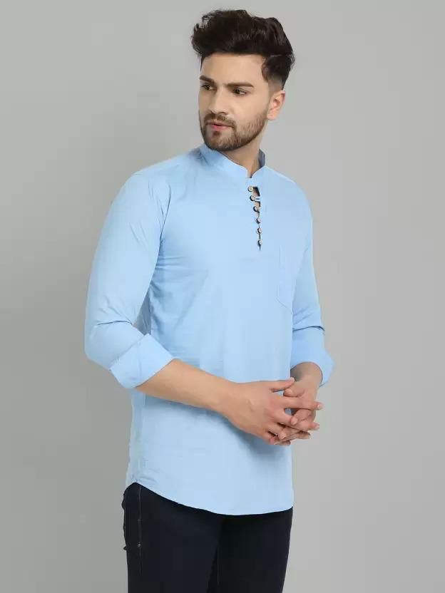 Blue Lycra Regular Fit Full Sleeves Kurta For Men's