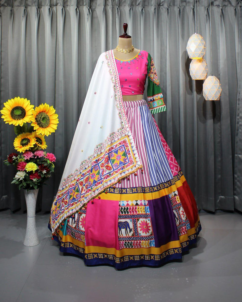 White Designer Silk Heavy Digital Print With Mirror Work Lehenga Choli