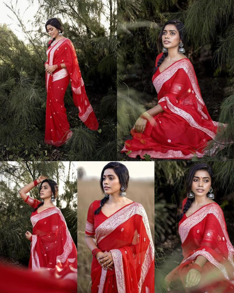New Red Designer Soft Linen Cotton Silk Saree With Blouse Piece
