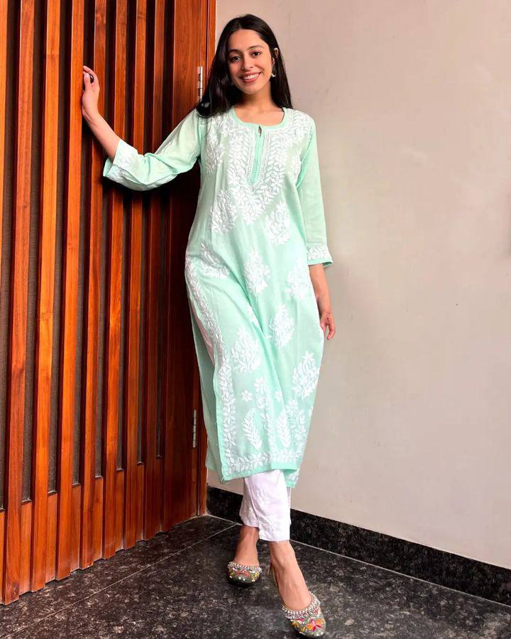 blue embroidery work kurti