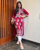 red casual wear embroidery work kurti