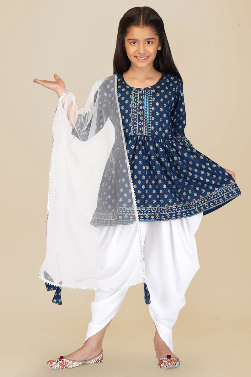 Beautiful Floral KURTA with DHOTI and designer bow with front Lace.And size Adjustment Dori..