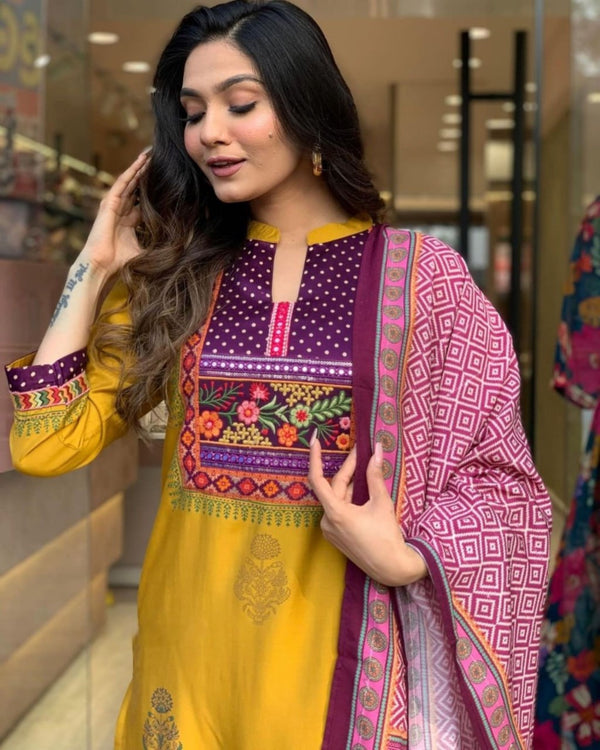 Yellow Designer Muslin Kurta With Pant And Digital Print Attractive Dupatta