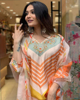 Orange chanderi cotton kurta with pant and digital printed dupatta