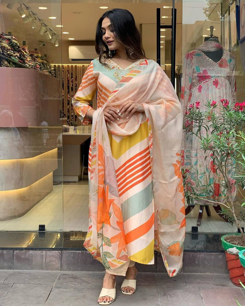 Orange chanderi cotton kurta with pant and digital printed dupatta