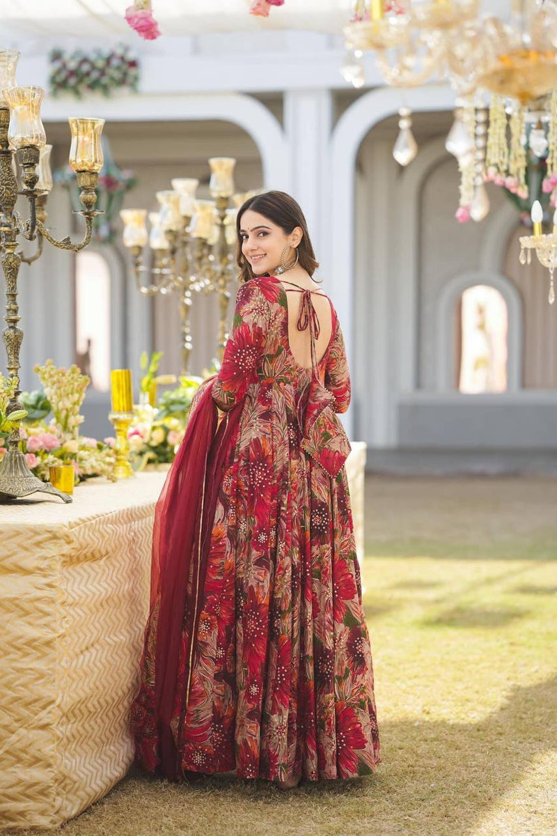 RED  color Attractive Party Wear Heavy Rayon Fabric with printed Gown