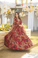 RED  color Attractive Party Wear Heavy Rayon Fabric with printed Gown