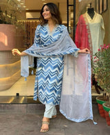 Blue chanderi cotton kurta with pant and digital printed dupatta