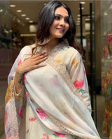 Cream chanderi cotton kurta with pant and digital printed dupatta