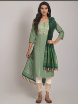 Pista Sequence Embroidered Kurta With Lycra Pant And Jacquard Dupata