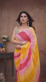 Yellow Designer Multicolor Georgette Ready To Wear Saree With Attractive Banglori Blouse