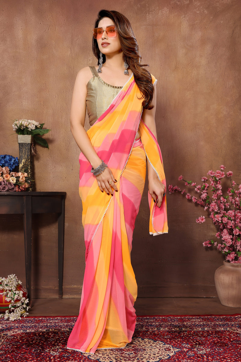 Yellow Designer Multicolor Georgette Ready To Wear Saree With Attractive Banglori Blouse