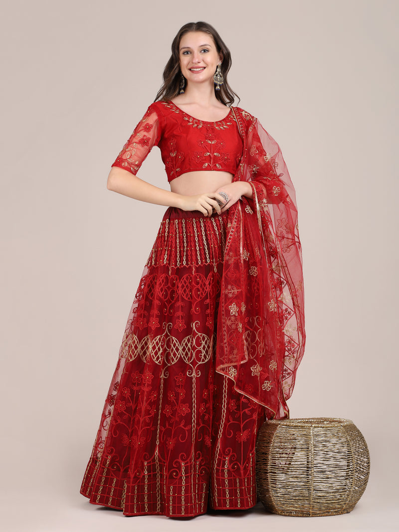 maroon net embroidery thread work designer lehenga choli for women