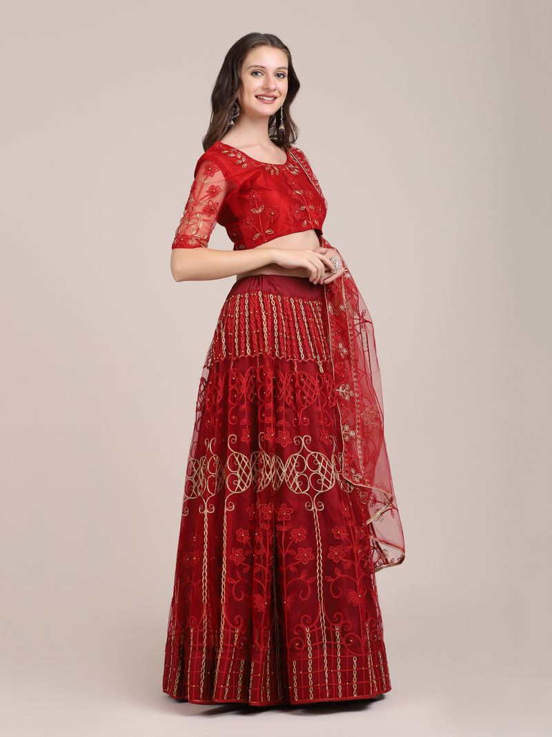maroon net embroidery thread work designer lehenga choli for women