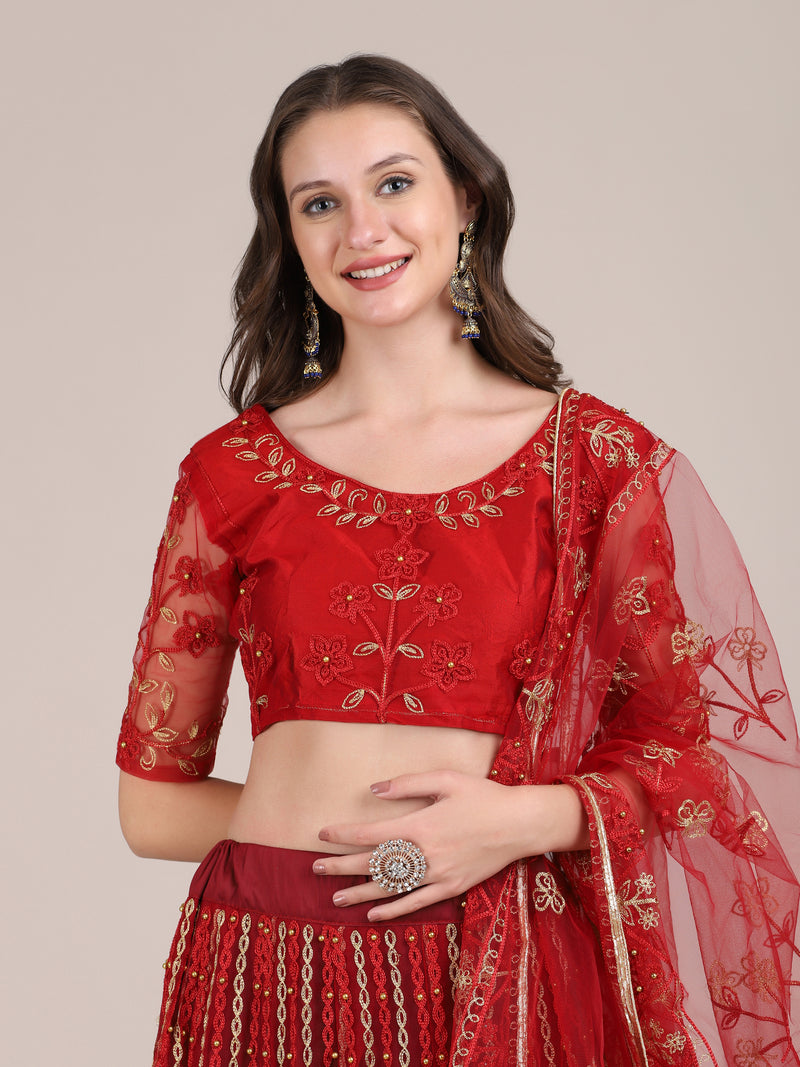 maroon net embroidery thread work designer lehenga choli for women