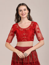 maroon net embroidery thread work designer lehenga choli for women