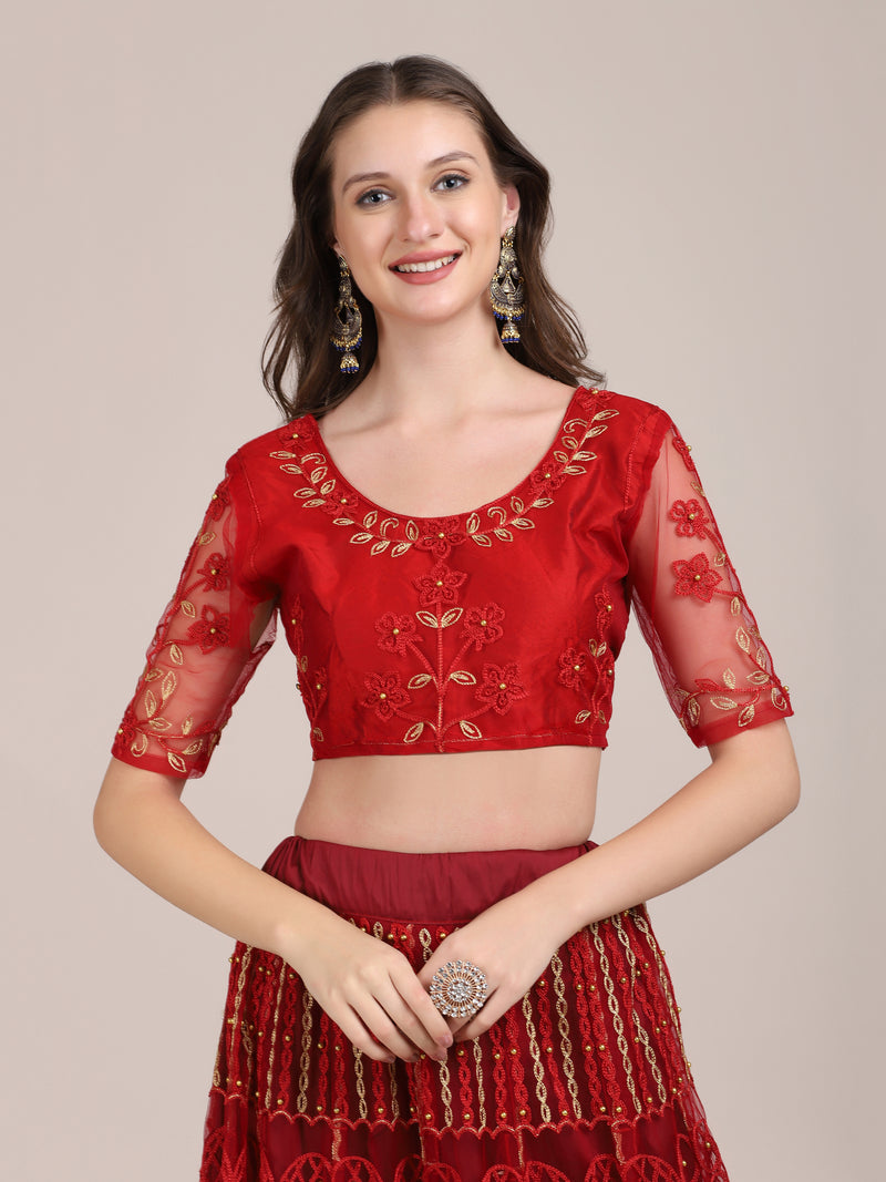 maroon net embroidery thread work designer lehenga choli for women