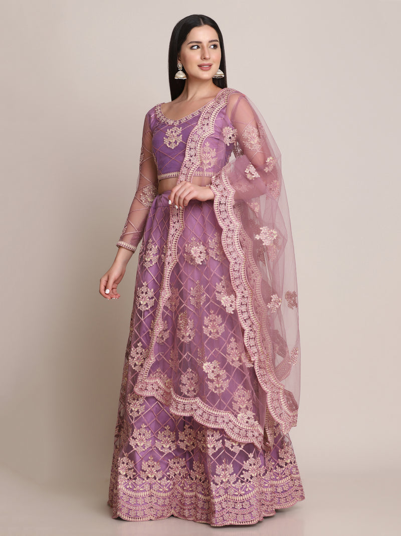 purple net embroidery thread work designer lehenga choli for women