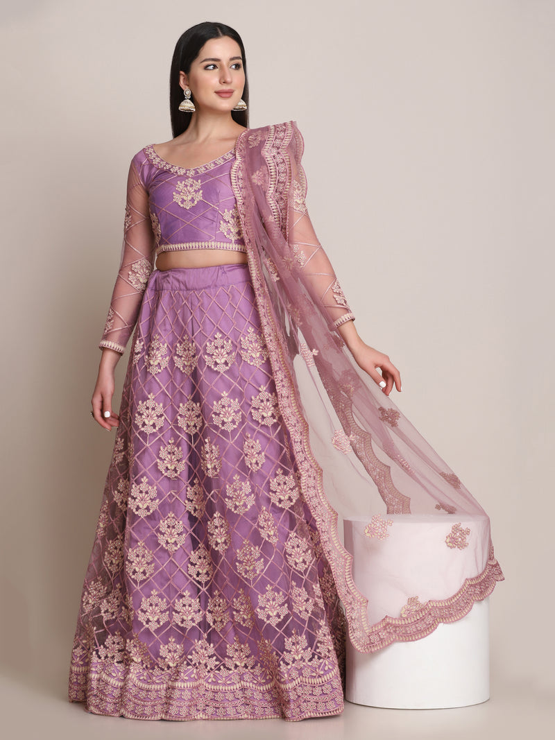 purple net embroidery thread work designer lehenga choli for women