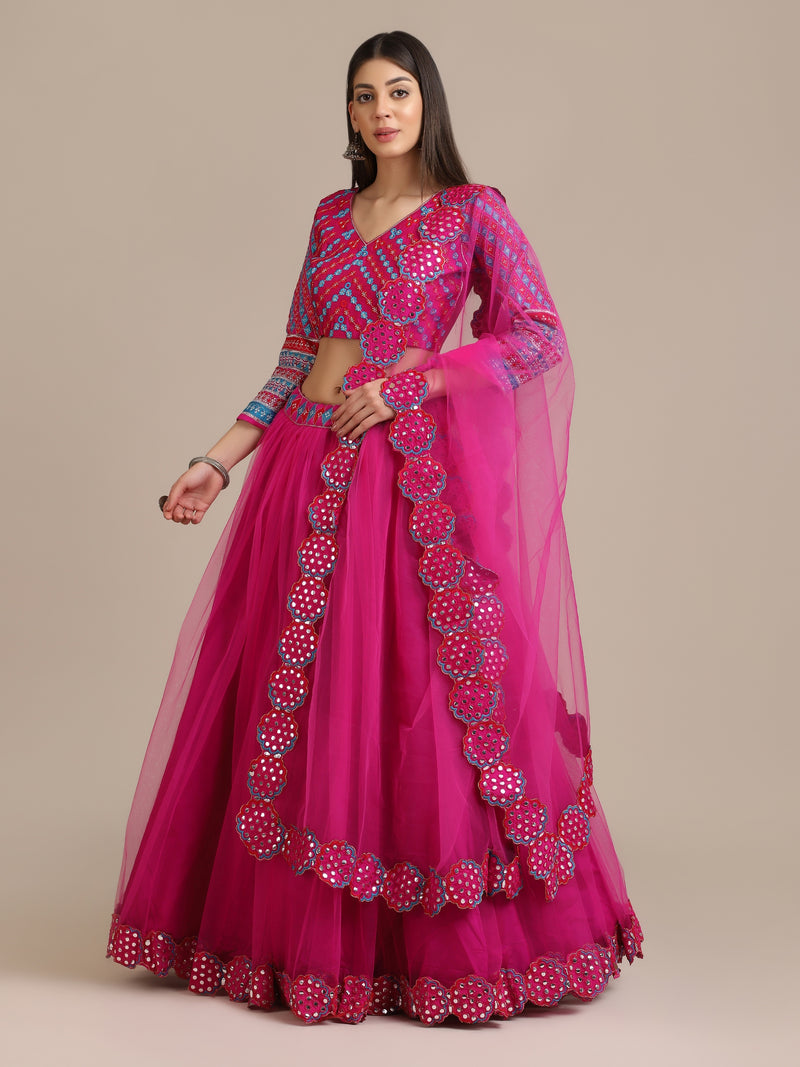 pink net taffeta silk embroidery work designer work lehenga choli for women
