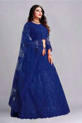 blue net embroidery thread work full sleeve lehenga choli for bridal