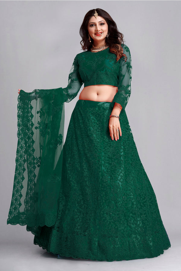 green net embroidery thread work lehenga choli for women