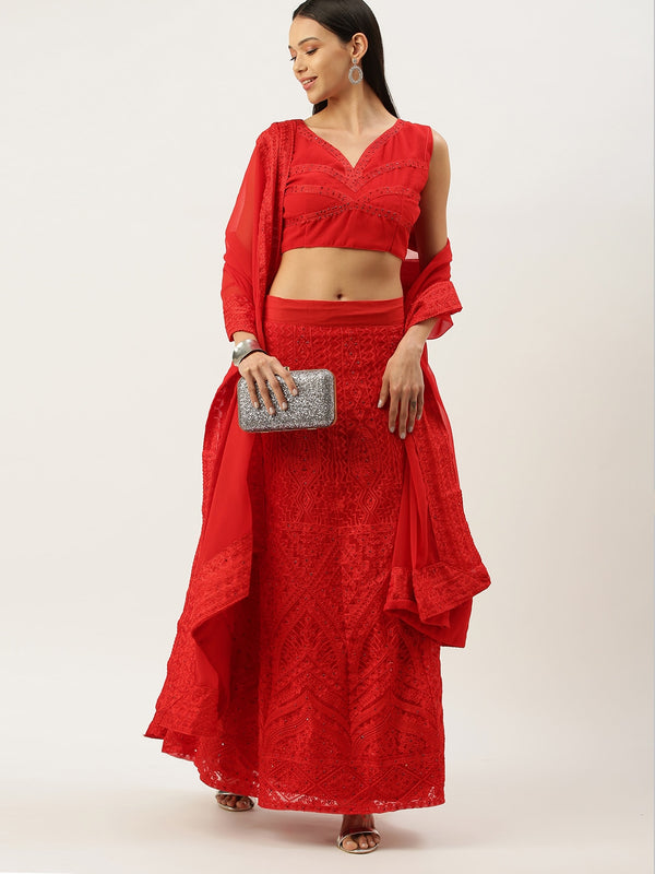 Red Georgette Embroidery Work Lehenga Choli For Women's