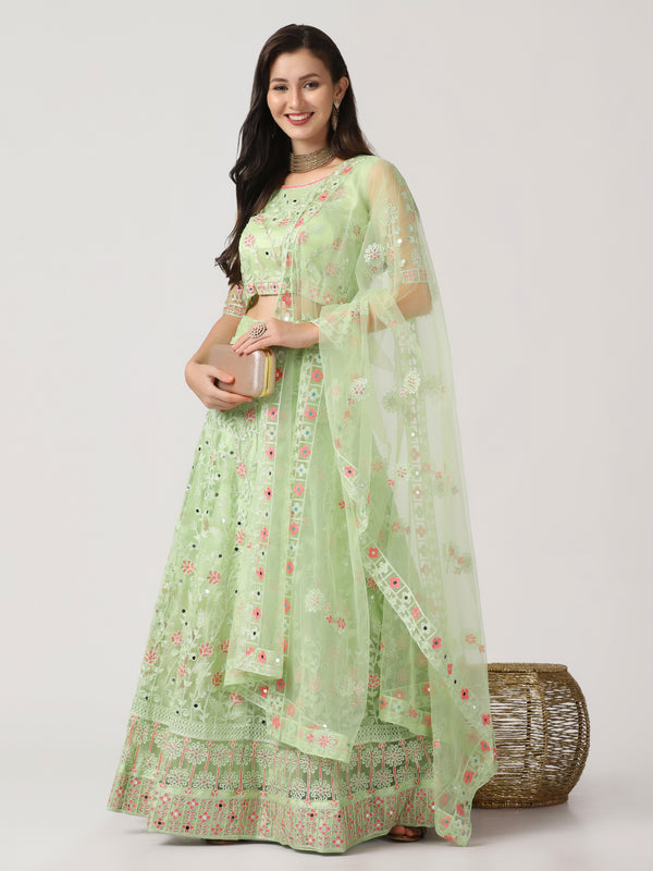 Green Designer Net Lehenga Choli With Embroidery Lace Work