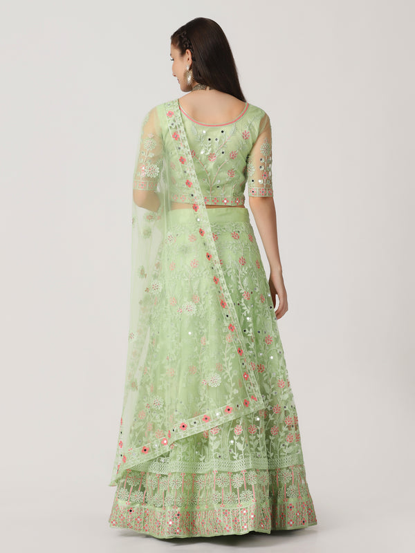 Green Designer Net Lehenga Choli With Embroidery Lace Work