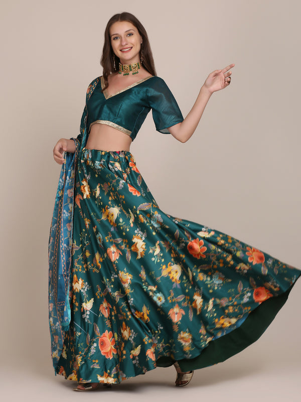 Green Chinon Heavy Embroidery Work Lehenga Choli