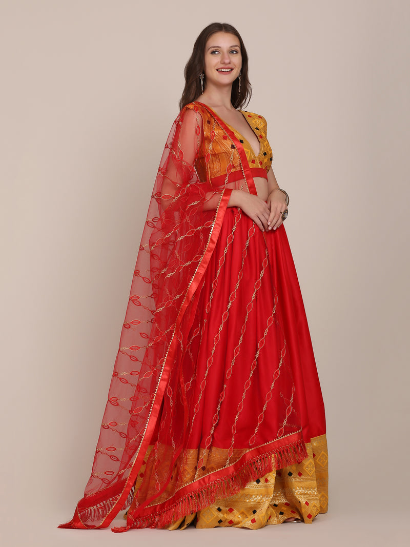 Red Shartin Silk Net Lace Work Designer Lehenga Choli For Women