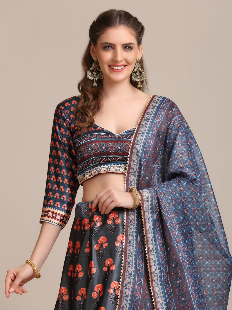 grey jacquard net printed work lehenga choli for girls