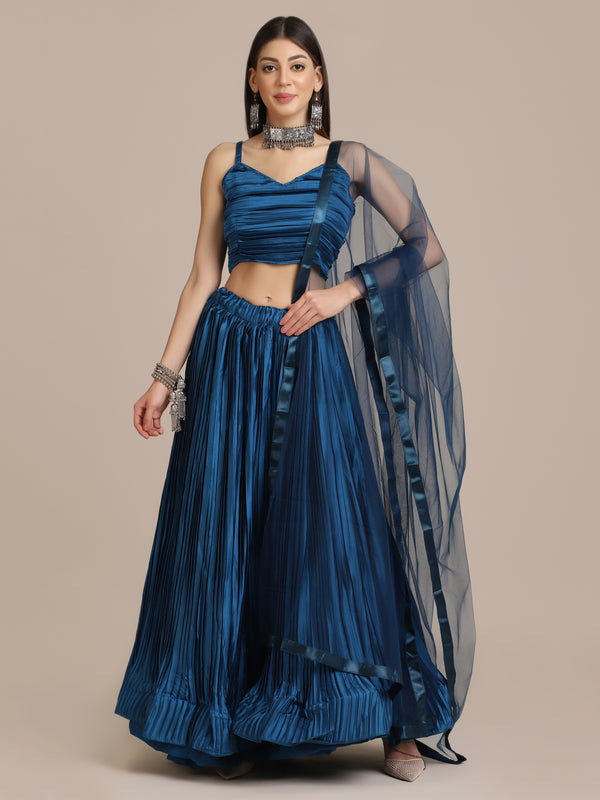 Blue Colored Satin Silk Embroidery Work Lehenga Choli