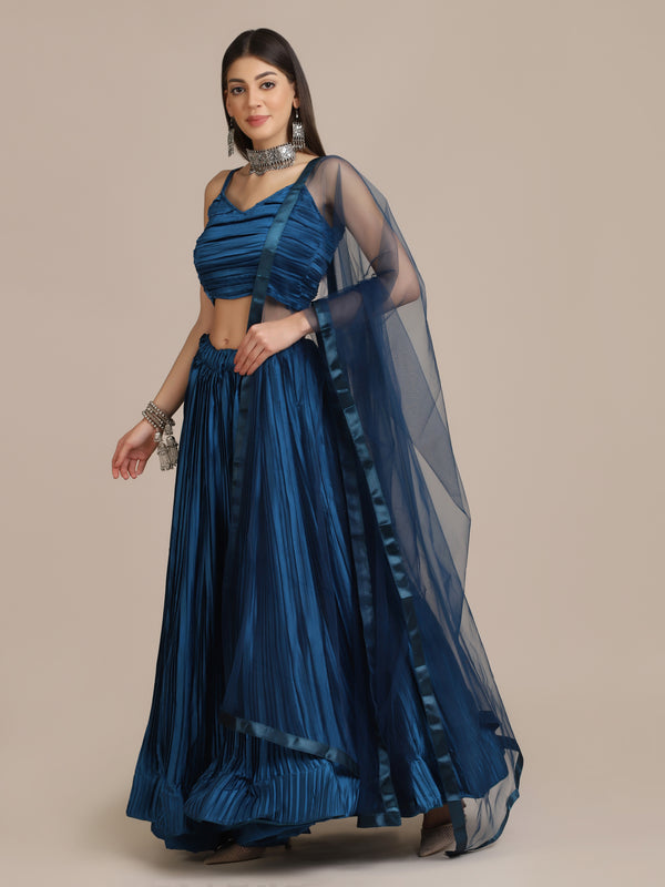 Blue Colored Satin Silk Embroidery Work Lehenga Choli