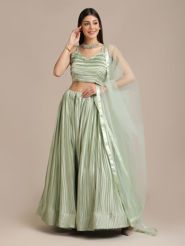 Green Silk Embroidery Lace Work Lehenga Choli With Dupatta