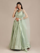 Green Silk Embroidery Lace Work Lehenga Choli With Dupatta