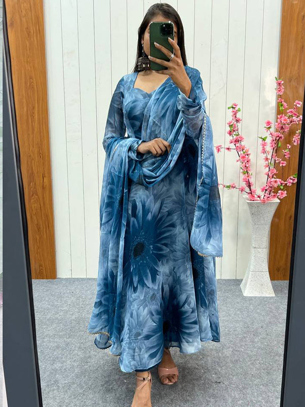 prussian blue designer pure soft light wight chiffon anarkali gown for women