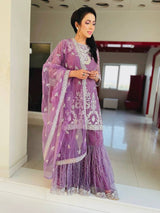 Purple Cotton Embroidery Work Kurta Set With Sharara