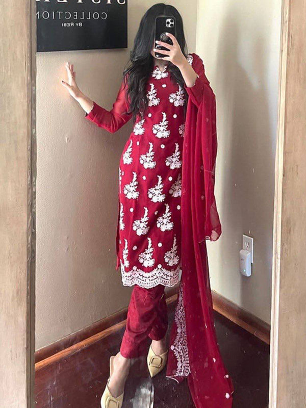 Red Designer Cotton Embroidery Work Kurta Set With Dupatta